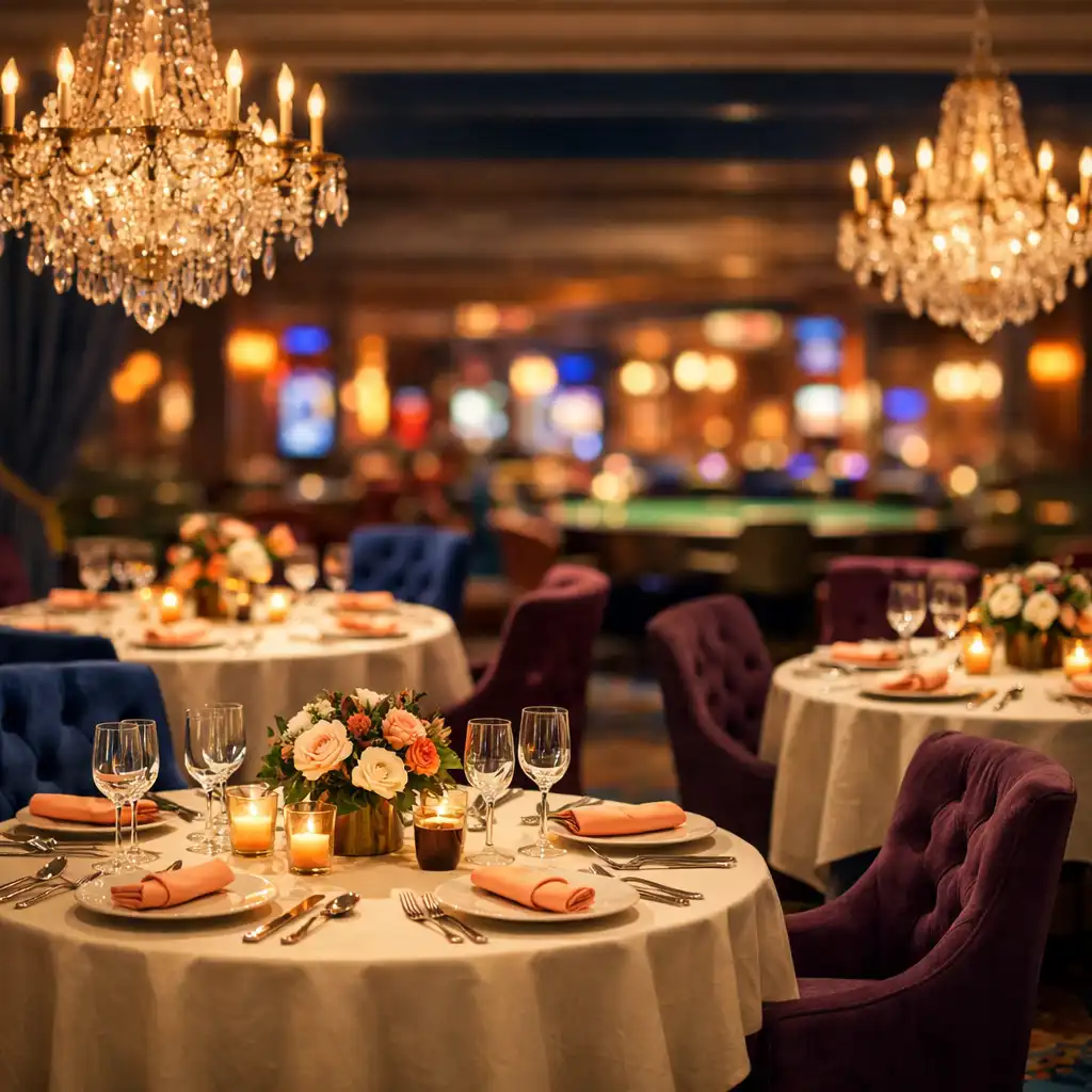 Salle de restaurant gastronomique élégante avec tables dressées, lustres en cristal et éclairage tamisé