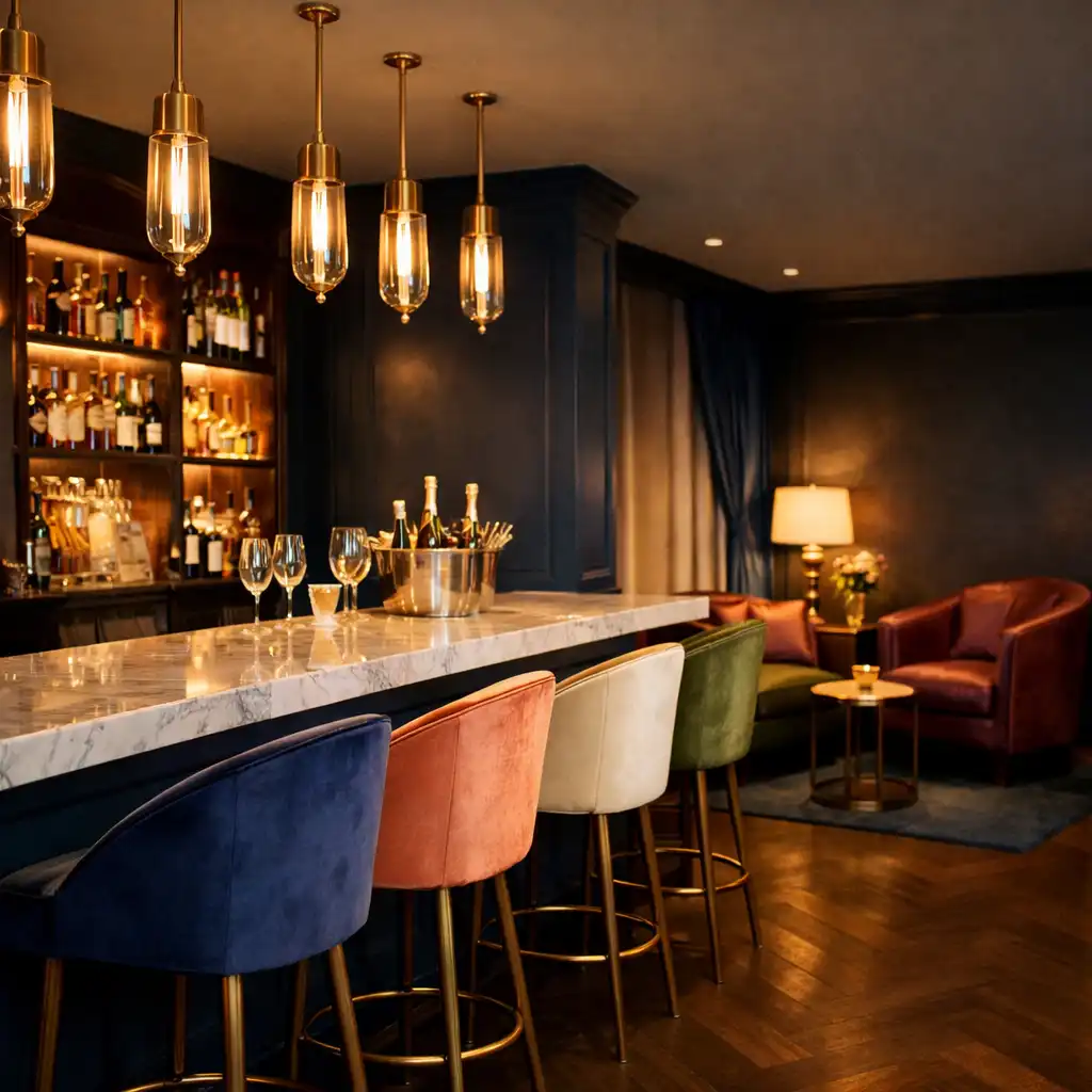 Bar élégant avec comptoir en marbre, suspensions en laiton et fauteuils club