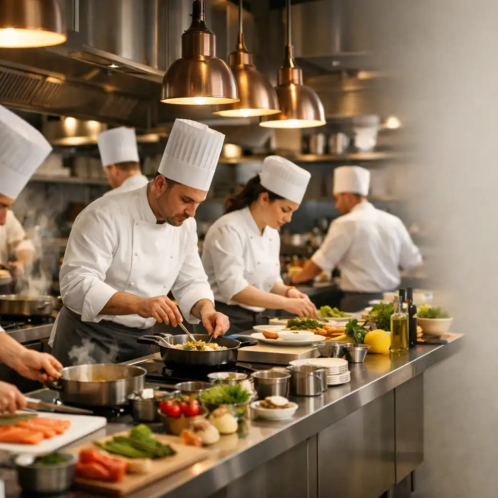 Brigade de cuisine française en pleine action dans une cuisine de restaurant gastronomique