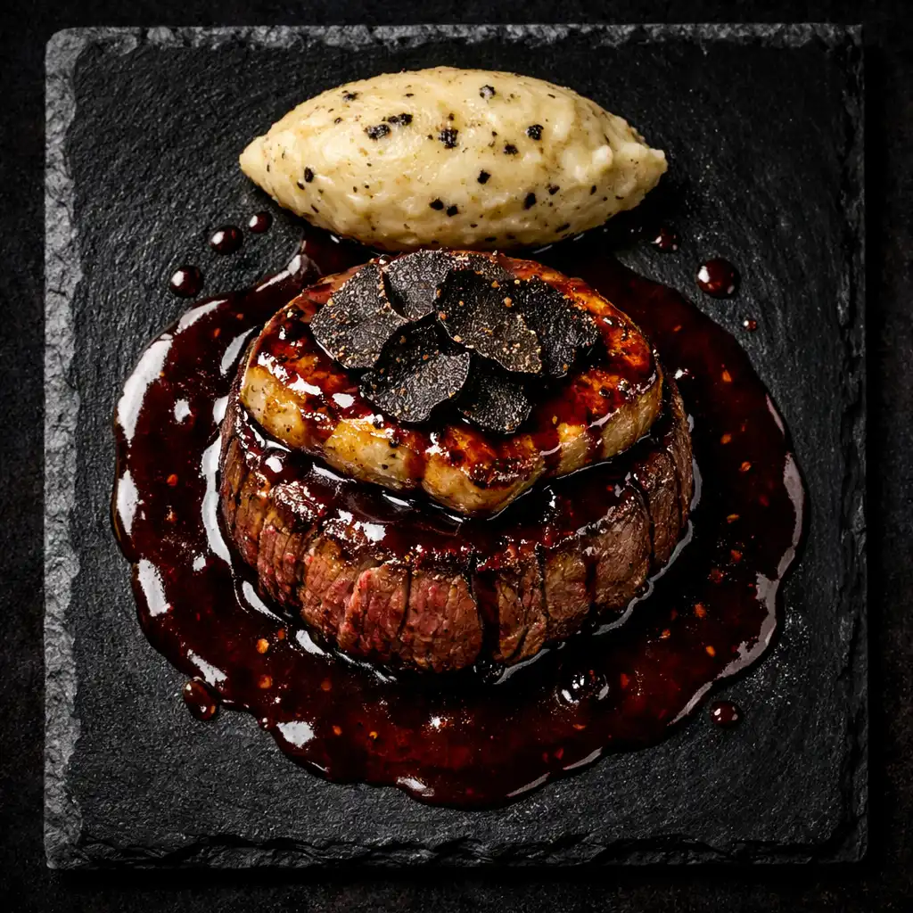 Filet de bœuf Rossini avec foie gras poêlé, truffe noire et sauce au vin rouge