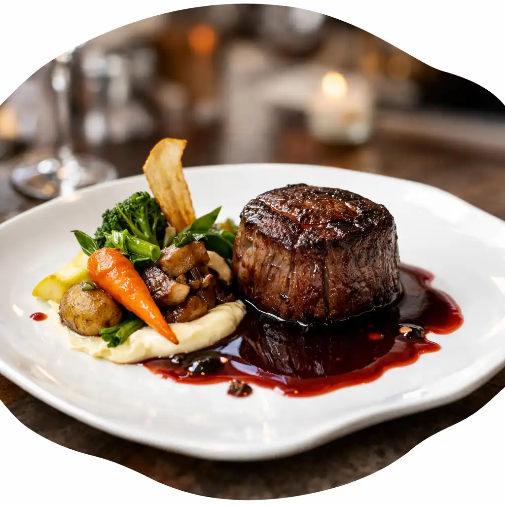 Plat gastronomique français raffiné présenté sur une assiette en porcelaine blanche