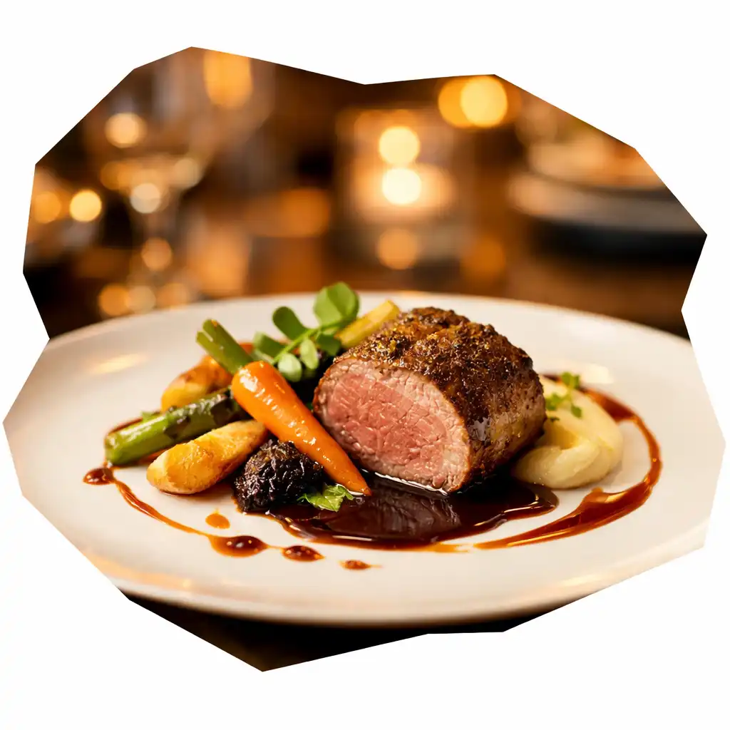 Plat gastronomique français élégant présenté sur une assiette en porcelaine blanche