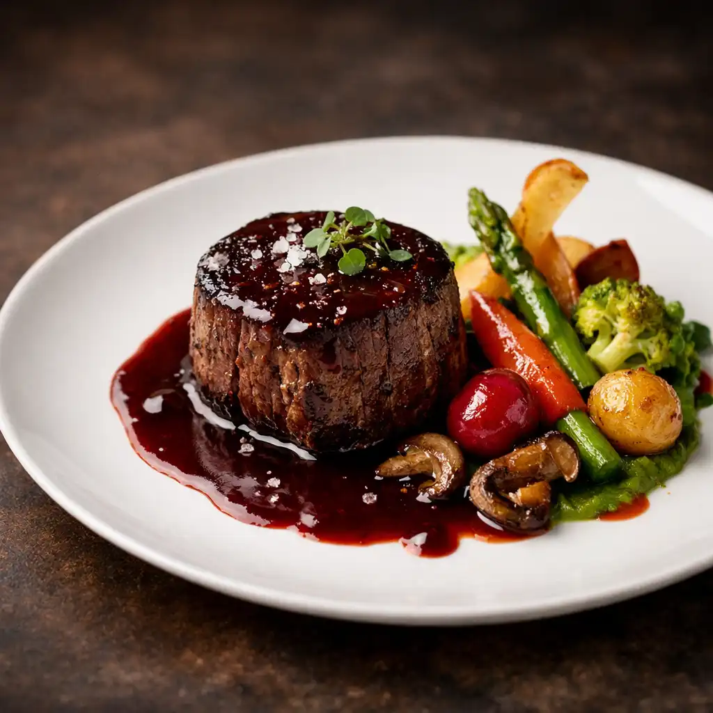 Plat gastronomique français signature présenté sur une assiette blanche