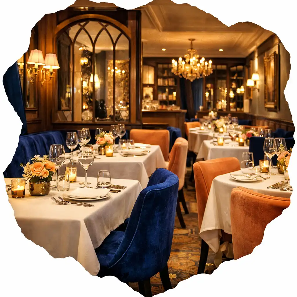 Intérieur élégant du restaurant avec tables dressées, chaises en velours prune et luminaires en laiton