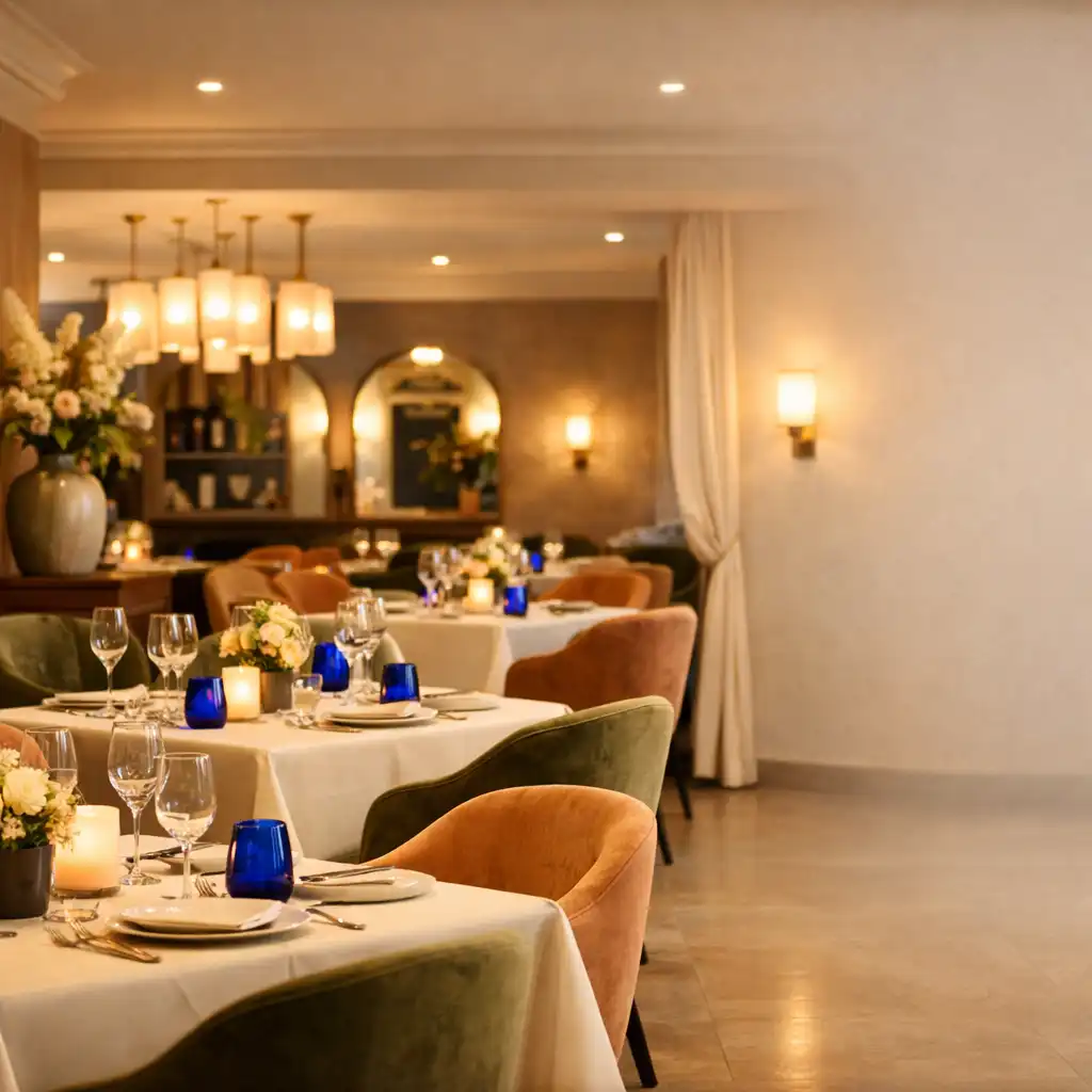 Intérieur élégant du restaurant avec tables dressées et éclairage tamisé