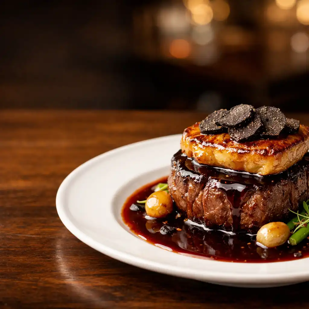 Plat gastronomique français élégant avec filet de bœuf Rossini, foie gras et truffe noire