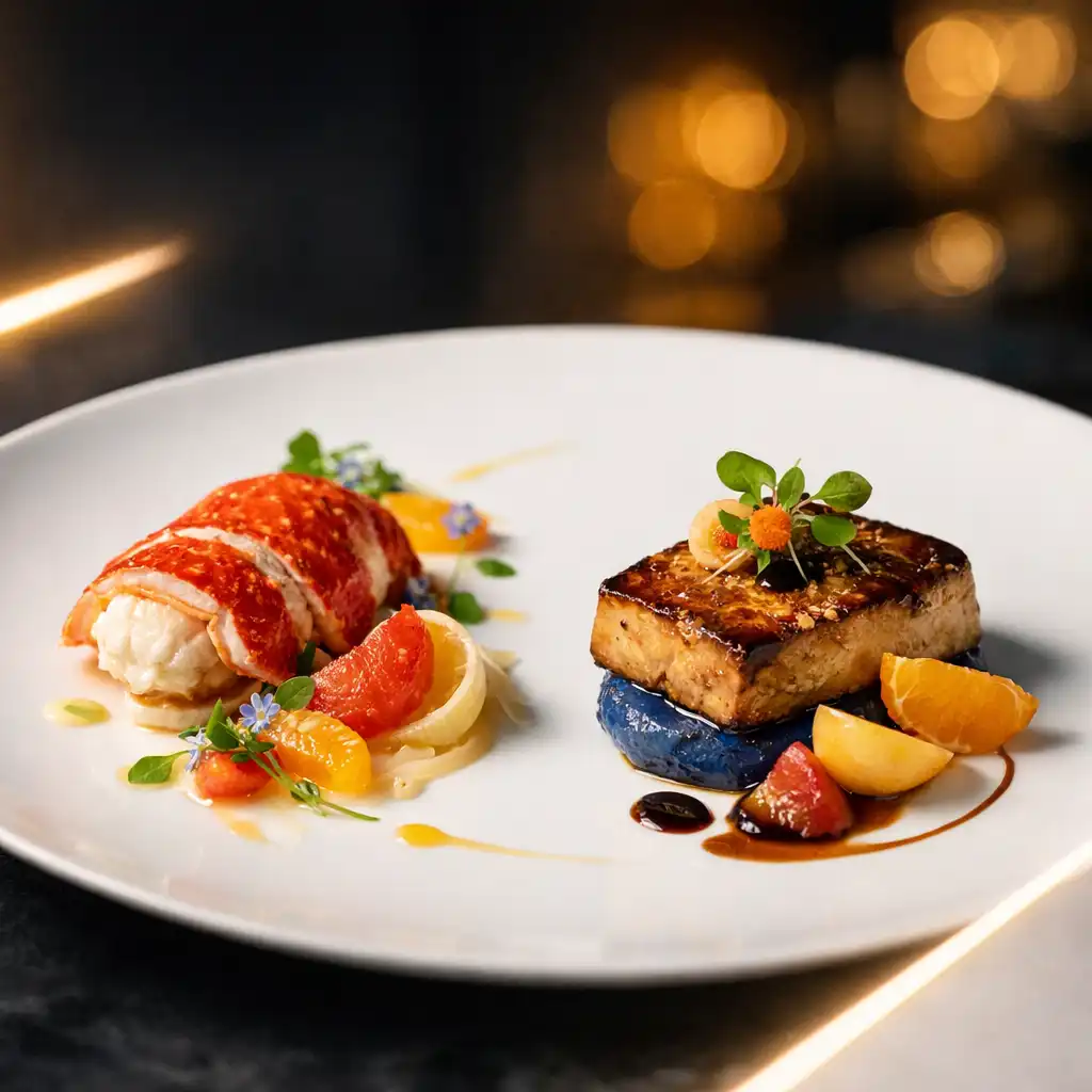 Plat signature gastronomique élégant avec homard et ingrédients nobles