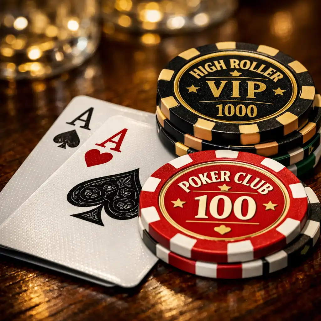 Gros plan sur des cartes à jouer et des jetons de poker en céramique sur une table en bois sombre