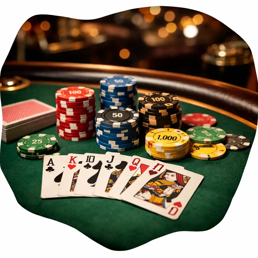 Table de poker élégante avec cartes et jetons en céramique dans une ambiance tamisée