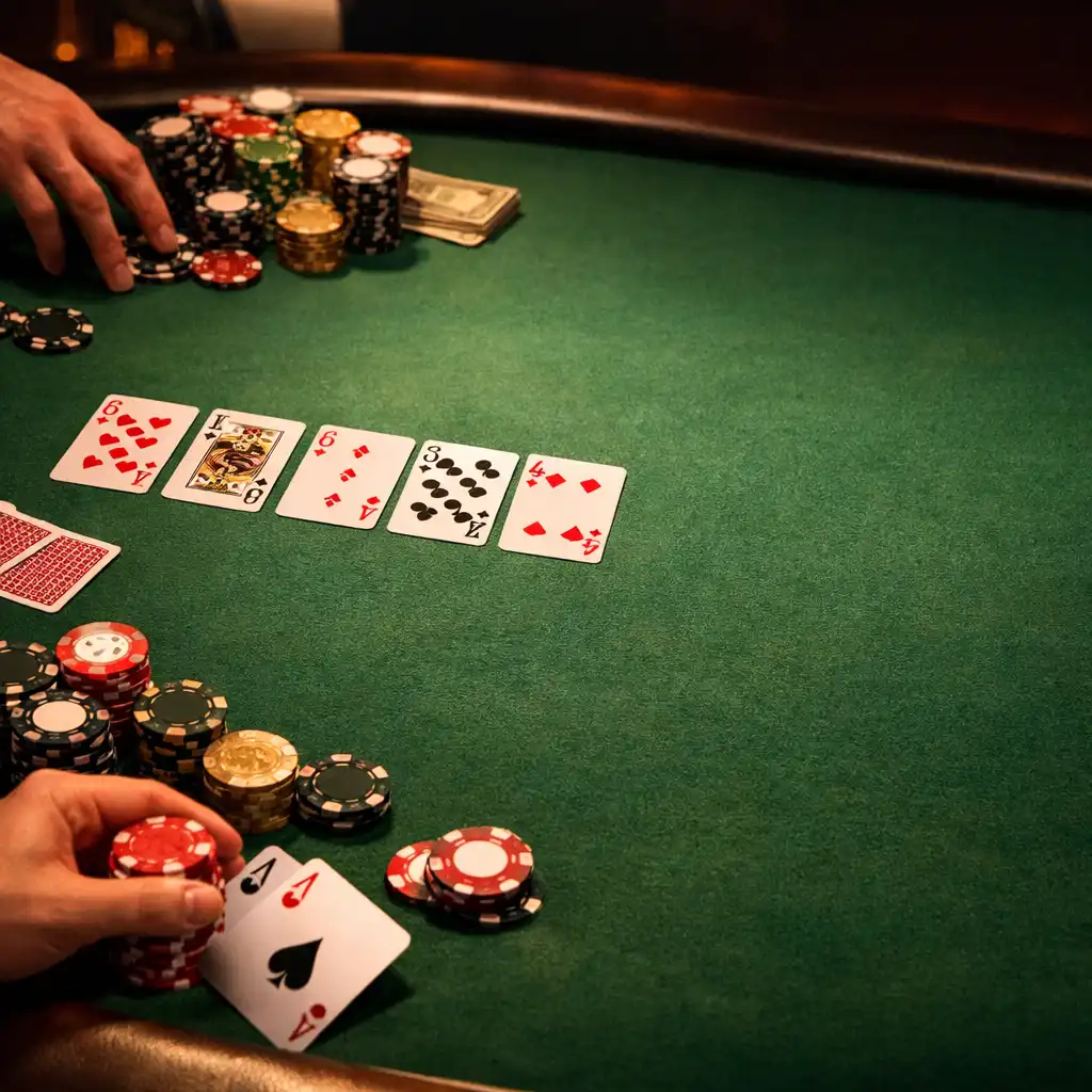 Table de poker physique avec cartes et jetons