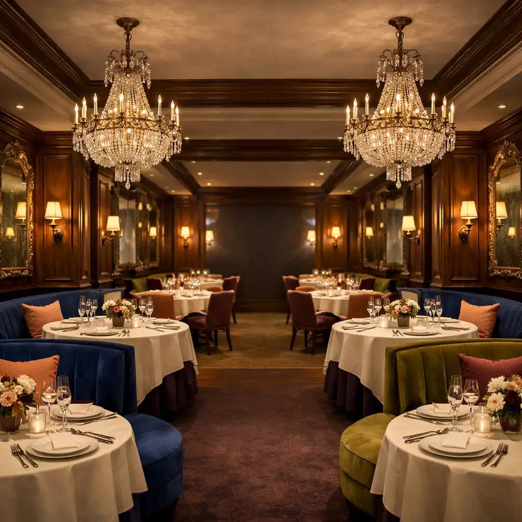 Vue de la salle principale avec tables rondes, banquettes en velours et lustres en cristal