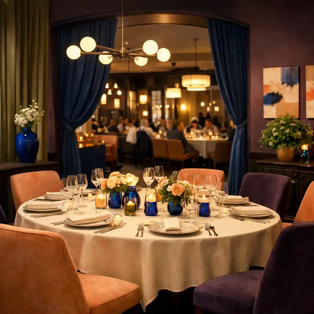 Salon privé avec table élégamment dressée pour huit personnes, tons pêche et prune