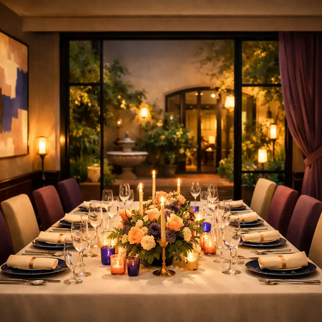 Salon privé avec table dressée pour douze personnes, tons prune et ivoire, vue sur le patio intérieur