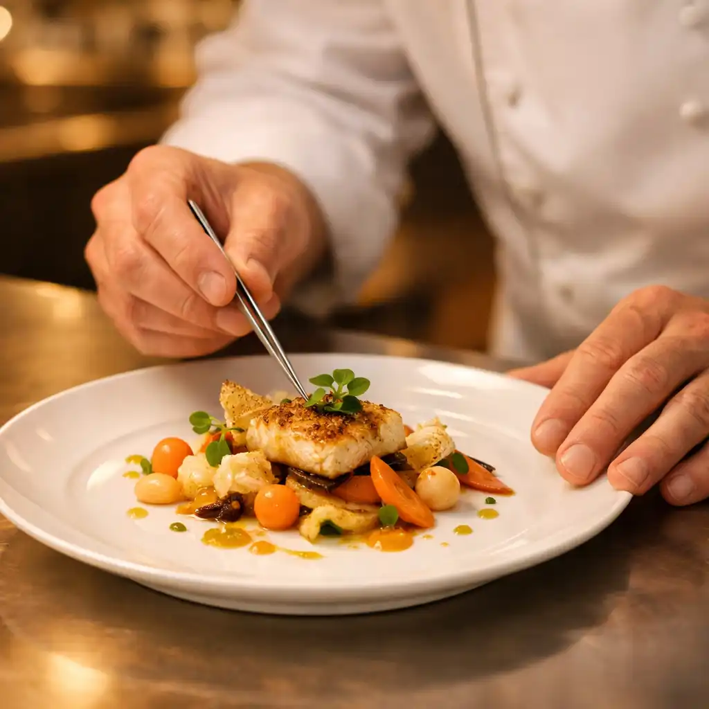 Mains d’un chef dressant soigneusement un plat gastronomique dans une assiette en porcelaine blanche