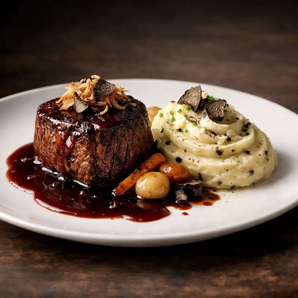 Plat signature avec filet de bœuf sauce au vin rouge et purée truffée