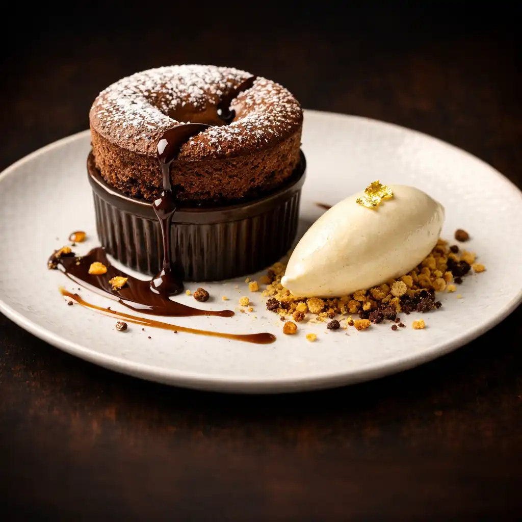 Dessert signature soufflé au chocolat grand cru