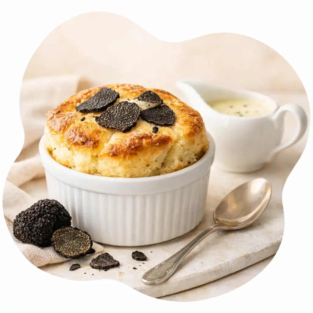 Soufflé à la truffe noire doré et gonflé avec crème anglaise