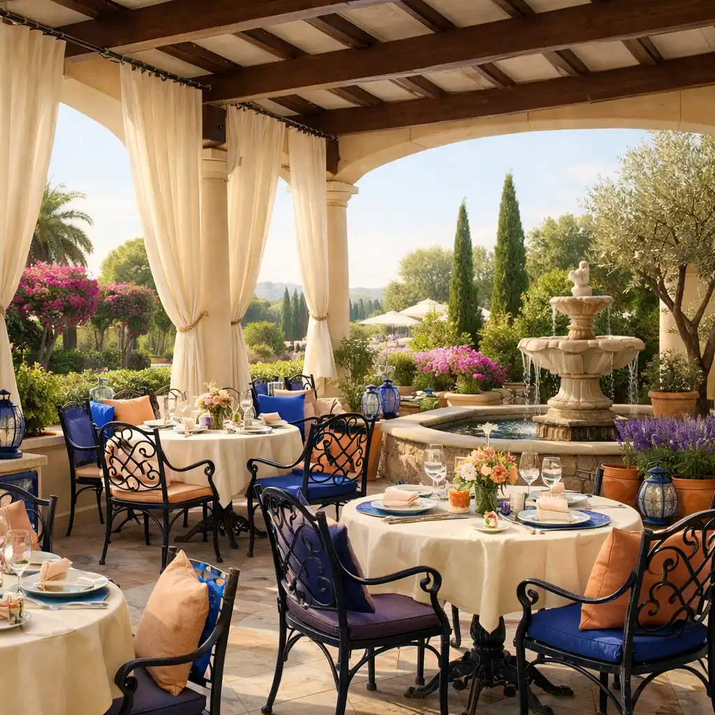 Terrasse couverte avec tables en fer forgé, plantes méditerranéennes et fontaine discrète